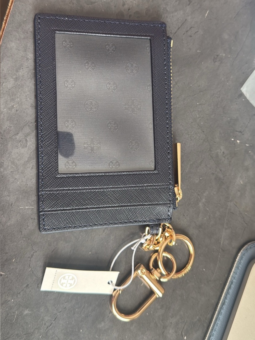 Tory Burch Navy Leather ID Card Holder with Gold Hardware Key Fob